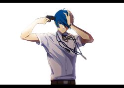 Rule 34 | 1boy, absurdres, belt, blue eyes, blue hair, closed mouth, digital media player, gun, gun to head, hair over one eye, headphones, highres, holding, holding gun, holding weapon, igusaharu, letterboxed, looking at viewer, male focus, persona, persona 3, shirt, short hair, short sleeves, simple background, solo, weapon, white background, white shirt, yuuki makoto (persona 3)