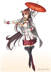 Rule 34 | 1girl, absurdres, anchor, black footwear, boots, breasts, brown eyes, brown hair, cherry blossoms, cloak, flower, full body, gloves, gradient footwear, hair flower, hair intakes, hair ornament, headgear, high ponytail, highres, hip vent, holding, holding shell, holding umbrella, jacket, kantai collection, large breasts, long hair, long sleeves, miniskirt, oil-paper umbrella, original remodel (kantai collection), pleated skirt, ponytail, red footwear, red skirt, red umbrella, rekka yamato, shell, sidelocks, skirt, solo, standing, thigh boots, thighhighs, umbrella, very long hair, white cloak, white gloves, white jacket, yamato (kancolle)