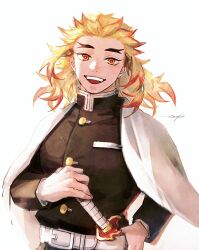 Rule 34 | 1boy, 28cg, absurdres, belt, black jacket, blonde hair, buttons, cape, highres, jacket, kimetsu no yaiba, long sleeves, looking at viewer, multicolored hair, open mouth, orange eyes, rengoku kyoujurou, signature, smile, solo, streaked hair, sword, teeth, thick eyebrows, two-tone eyes, two-tone hair, weapon, white background, white belt, white cape