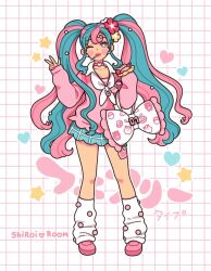 Rule 34 | 1girl, blue hair, blue skirt, blush, candy, choker, collared shirt, creatures (company), fairy miku (project voltage), flower, food, food in mouth, full body, game freak, grid background, hair flower, hair ornament, hands up, hatsune miku, heart, heart choker, highres, lollipop, long hair, long sleeves, looking at viewer, loose socks, multicolored hair, nail polish, neckerchief, nintendo, one eye closed, pink choker, pink eyes, pink footwear, pink hair, pink lips, pink nails, pink sweater, pocky, pocky in mouth, pokemon, project voltage, red flower, scrunchie, shiroiroom, shirt, shoes, skirt, smile, socks, solo, standing, star (symbol), sweater, twintails, two-tone hair, v, very long hair, vocaloid, white bag, white neckerchief, white socks, yellow flower
