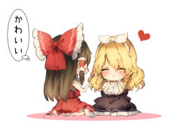 Rule 34 | 2girls, :t, ^ ^, ass, bare arms, bare shoulders, barefoot, black skirt, blonde hair, blush, bow, brown hair, chibi, closed eyes, commentary request, eating, closed eyes, frilled bow, frills, from behind, full body, hair between eyes, hair bow, hair tubes, hairband, hakurei reimu, hands on own face, heart, holding, holding spoon, kirisame marisa, long hair, multiple girls, petticoat, piyokichi, puffy short sleeves, puffy sleeves, red bow, red skirt, sarashi, shirt, short sleeves, sidelocks, simple background, sitting, skirt, spoon, thought bubble, touhou, translation request, wavy hair, white background, white bow, white hairband, white shirt