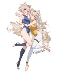 Rule 34 | 2girls, alternate costume, animal ear fluff, artist name, bandaid, bandaid hair ornament, bare shoulders, barefoot, blonde hair, blue eyes, blue hair, blue leotard, blush, breasts, closed mouth, commentary, commission, dog girl, english commentary, full body, fuwawa abyssgard, hair ornament, hand up, hololive, hololive english, hug, large breasts, leotard, long hair, looking at viewer, mococo abyssgard, multicolored hair, multiple girls, open mouth, pink eyes, pink hair, short hair, siblings, simple background, sisters, small breasts, smile, streaked hair, sydus, thigh strap, thighs, toeless legwear, twins, virtual youtuber, white background, x hair ornament, yellow leotard