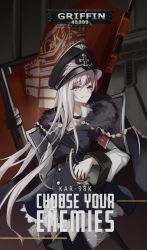 Rule 34 | 1girl, absurdres, black choker, black cloak, black hat, black jacket, bolt action, capelet, character name, choker, cloak, closed mouth, cross, cross choker, cross necklace, english text, fur-trimmed jacket, fur collar, fur trim, girls&#039; frontline, gun, hat, highres, holding, holding weapon, holstered, jacket, jewelry, kar98k (girls&#039; frontline), long hair, looking at viewer, mauser 98, military hat, necklace, priest77, red eyes, rifle, silver hair, solo, uniform, warhammer 40k, weapon