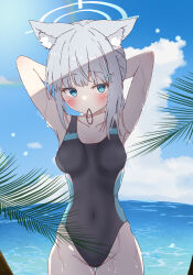 Rule 34 | 1girl, absurdres, animal ear fluff, animal ears, black one-piece swimsuit, blue archive, blue eyes, blue sky, breasts, cloud, competition swimsuit, covered navel, cowboy shot, cross hair ornament, day, extra ears, grey hair, hair ornament, halo, highres, holding, holding own hair, horizon, looking at viewer, low ponytail, medium breasts, medium hair, mismatched pupils, mouth hold, multicolored clothes, multicolored swimsuit, natsukari na, ocean, one-piece swimsuit, outdoors, palm leaf, shiroko (blue archive), shiroko (swimsuit) (blue archive), sky, solo, swimsuit, wolf ears