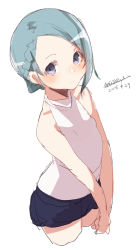 Rule 34 | 1girl, bare arms, bare shoulders, black shorts, blue eyes, blue hair, blush, braid, closed mouth, dated, looking at viewer, maze (gochama ze gohan), original, own hands together, shirt, short shorts, shorts, signature, simple background, sketch, sleeveless, sleeveless shirt, solo, v arms, white background, white shirt