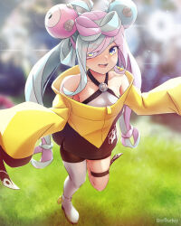 Rule 34 | 1girl, arthur ko, asashimo (kancolle), bike shorts, black shorts, black skirt, blush, character hair ornament, collarbone, cosplay, creatures (company), game freak, grey eyes, grey hair, grey pantyhose, hair ornament, hair over one eye, hexagon print, highres, iono (pokemon), iono (pokemon) (cosplay), jacket, kantai collection, long hair, multicolored hair, nintendo, open mouth, pantyhose, pink hair, pokemon, pokemon sv, shorts, single leg pantyhose, skirt, sleeves past fingers, sleeves past wrists, solo, standing, standing on one leg, twitter username, two-tone hair, white footwear, wide sleeves, yellow jacket