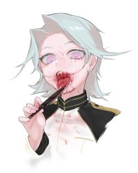 Rule 34 | 1girl, bad id, bad pixiv id, blood, blood drip, blood on face, cropped torso, forked tongue, grey hair, holding, holding knife, horror (theme), jacket, knife, licking, long sleeves, looking at viewer, military, military jacket, military uniform, ohisashiburi, open mouth, original, pink eyes, sharp teeth, short hair, simple background, solo, teeth, tongue, tongue out, uniform, upper body, uvula, white background