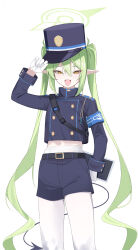Rule 34 | 1girl, absurdres, belt, black belt, black hat, black jacket, black tail, blue archive, blush, buttons, demon tail, double-breasted, fang, gloves, green hair, green halo, hair between eyes, halo, hat, nozomi (blue archive), highres, jacket, kuyoumi, long hair, long sleeves, looking at viewer, navel, open mouth, pantyhose, peaked cap, pointy ears, simple background, skin fang, smile, solo, tail, twintails, white background, white gloves, white pantyhose, yellow eyes