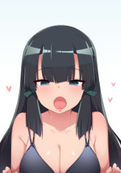 Rule 34 | :o, bare shoulders, black bra, black hair, blunt bangs, blush, bra, breasts, cleavage, drooling, grey eyes, half-closed eyes, hands up, heart, large breasts, long hair, open mouth, portrait, sidelocks, simple background, straight hair, stroma, underwear, underwear only, white background