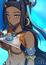 Rule 34 | 1girl, arm strap, armlet, bare shoulders, black hair, blue background, blue eyes, blue hair, blush, breasts, clothes lift, commentary request, creatures (company), crop top, dark-skinned female, dark skin, earrings, forehead, game freak, gym leader, hair ornament, hairclip, half-closed eyes, highres, hoop earrings, hot, jewelry, lifted by self, long hair, medium breasts, multicolored hair, navel, necklace, nessa (pokemon), nintendo, nipple slip, nipples, parted lips, pd (pdpdlv1), pokemon, pokemon swsh, signature, sleeves past wrists, solo, sweat, toned, two-tone hair, underwear, upper body, wet