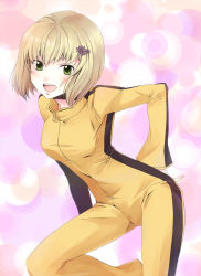Rule 34 | 1girl, bad id, bad pixiv id, blonde hair, blush, breasts, bruce lee&#039;s jumpsuit, cosplay, female focus, green eyes, hair ornament, hairclip, hatsuse, highres, huang baoling, jumpsuit, open mouth, parody, short hair, solo, tiger &amp; bunny