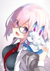 Rule 34 | 1girl, :d, blue-framed eyewear, blush, breasts, creature, creature on shoulder, eyelashes, eyes visible through hair, fate/grand order, fate (series), fou (fate), glowing, gradient background, grey background, grey jacket, hair over one eye, hand up, jacket, koruri, long sleeves, looking at viewer, mash kyrielight, medium breasts, necktie, on shoulder, open clothes, open jacket, open mouth, pink hair, purple eyes, red necktie, short hair, smile, upper body, wing collar