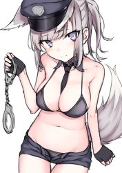 Rule 34 | 1girl, animal ears, bare arms, bare shoulders, between breasts, bikini, black bikini, black gloves, black hat, black shorts, breasts, cleavage, closed mouth, collarbone, cuffs, denim, denim shorts, detached collar, extra ears, fingerless gloves, fox ears, fox girl, fox tail, gloves, groin, halterneck, hand up, handcuffs, hat, holding, large breasts, long hair, looking at viewer, micro shorts, navel, necktie, open fly, original, peaked cap, police hat, ponytail, purple eyes, ryuinu, short shorts, shorts, sidelocks, silver hair, simple background, sitting, sketch, smile, solo, stomach, string bikini, swimsuit, tail, tail raised, thigh gap, thighs, white background