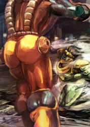 Rule 34 | 2boys, ass, bad id, bad pixiv id, black hair, fighting, from behind, jojo no kimyou na bouken, long hair, multiple boys, no humans, stand (jojo), star platinum, stardust11, the world