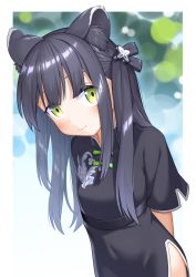 Rule 34 | 1girl, animal ear fluff, animal ears, arms behind back, black dress, black hair, blue archive, blunt bangs, blush, china dress, chinese clothes, commentary request, dress, green eyes, highres, kuro emimi, long hair, looking at viewer, short sleeves, shun (blue archive), shun (small) (blue archive), smile, solo, tiger ears, tiger girl, twintails, upper body
