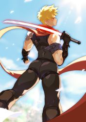 Rule 34 | 1boy, absurdres, armband, armor, ass, back, black bodysuit, black gloves, blonde hair, blue armband, bodysuit, cloud, day, elbow gloves, energy sword, falling petals, fingerless gloves, gloves, highres, holding, holding sword, holding weapon, light rays, looking back, male focus, mane (omedemidori), original, outdoors, pauldrons, petals, red eyes, red scarf, scarf, shiny clothes, short hair, shoulder armor, single pauldron, sky, solo, sword, toned, toned male, weapon, white petals