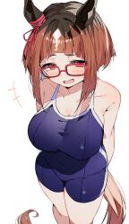 Rule 34 | 1girl, absurdres, animal ears, arms behind back, blue one-piece swimsuit, blush, breasts, brown hair, collarbone, commentary request, glasses, highres, horse ears, horse girl, horse tail, large breasts, looking at viewer, one-piece swimsuit, open mouth, red-framed eyewear, red eyes, short hair, simple background, solo, standing, swimsuit, tail, thighs, tracen swimsuit, transcend (umamusume), umamusume, usukawa (uskw sr), white background