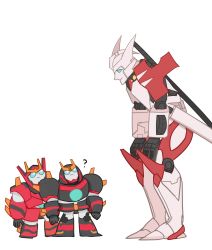 Rule 34 | 3boys, artist request, autobot, blue eyes, drift (transformers), full body, hand on own knee, highres, jetstorm, katana, male focus, multiple boys, no humans, simple background, slipstream (transformers), sword, transformers, weapon, white background