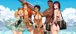 Rule 34 | 2boys, 3girls, abs, animal ears, ass, bag, bare shoulders, beach, beige shorts, black hair, blonde hair, blue sky, breasts, brown eyes, rabbit ears, cameron maccloud, character request, closed mouth, cloud, collarbone, colored skin, dark skin, dark-skinned male, day, dishwasher1910, closed eyes, facial hair, from behind, gen lock, glasses, goatee, green eyes, grin, dreadlocks, julian chase, kazu iida, large breasts, long hair, looking at another, medium breasts, multiple boys, multiple girls, open clothes, open mouth, open shirt, outdoors, parasol, ponytail, purple hair, shirt, short hair, shorts, sky, small breasts, smile, spiked hair, swimsuit, tagme, tan, thong, umbrella, undercut, valentina romanyszyn, white shirt, white skin, yasamin madrani
