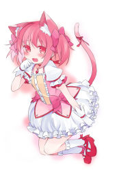 Rule 34 | 10s, 1girl, animal ears, bad id, bad pixiv id, blush, bobby socks, bow, bubble skirt, cat ears, cat tail, choker, dress, full body, gloves, hair bow, highres, jewelry, kaname madoka, kemonomimi mode, magical girl, mahou shoujo madoka magica, mahou shoujo madoka magica (anime), mizuki (koko lost), open mouth, paw pose, pendant, pink eyes, pink hair, puffy sleeves, red footwear, ribbon, ribbon choker, shoes, short hair, short twintails, simple background, skirt, smile, socks, solo, tail, tail ornament, tail ribbon, twintails, white gloves, white socks