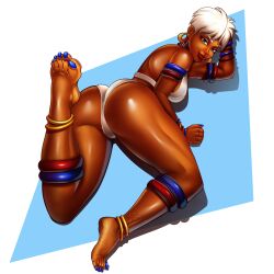 Rule 34 | 1girl, absurdres, anklet, armlet, ass, bangle, bikini, blue background, blue eyes, blue nails, border, bracelet, breasts, brown lips, calflet, capcom, commentary, d2kmax, dark-skinned female, dark skin, elena (street fighter), english commentary, full body, highres, jewelry, looking at viewer, lying, medium breasts, nail polish, neck ring, nose, on stomach, shiny skin, short hair, shoulder blades, sideboob, soles, solo, street fighter, street fighter iii (series), swimsuit, thick thighs, thighs, toenail polish, toenails, toes, toned, turning head, very dark skin, very short hair, white bikini, white border, white hair