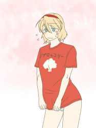 Rule 34 | 1girl, alice margatroid, bad id, bad pixiv id, blonde hair, blue eyes, bottomless, clothes writing, female focus, hairband, no pants, panties, shirt, short hair, solo, striped clothes, striped panties, t-shirt, torinone, touhou, translation request, underwear