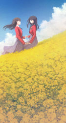 Rule 34 | 2girls, black hair, black ribbon, blue sky, blurry, blurry foreground, brown eyes, brown hair, closed mouth, cloud, commentary request, day, emblem, eye contact, field, floating hair, flower, flower field, from side, high-waist skirt, highres, holding hands, interlocked fingers, jacket, long hair, long skirt, long sleeves, looking at another, multiple girls, neck ribbon, nuenue, original, outdoors, profile, purple eyes, rapeseed blossoms, red jacket, ribbon, school uniform, skirt, sky, standing, yellow flower, yuri