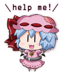 Rule 34 | 1girl, bad id, bad pixiv id, bat wings, blue hair, blush, bound, bound wrists, bow, brooch, chibi, commentary request, dress, fang, hat, hat bow, jewelry, mob cap, no shoes, noai nioshi, patch, pink dress, remilia scarlet, short sleeves, simple background, solo, tied up, touhou, wings, | |