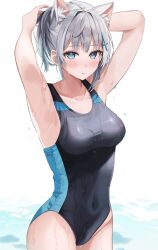 Rule 34 | absurdres, animal ear fluff, animal ears, blue archive, blue eyes, cat ears, commentary, cross hair ornament, extra ears, grey hair, hair ornament, highres, multicolored clothes, multicolored swimsuit, official alternate costume, one-piece swimsuit, ponytail, rojineco nene, shiroko (blue archive), shiroko (swimsuit) (blue archive), swimsuit, wet