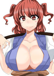 Rule 34 | 1girl, breasts, cleavage, female focus, hair bobbles, hair ornament, huge breasts, inuwi (yokose y), onozuka komachi, red eyes, red hair, short hair, simple background, solo, touhou, twintails, upper body