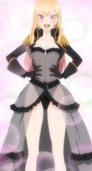 Rule 34 | 1girl, absurdres, black gloves, black jacket, black leotard, blonde hair, breasts, collarbone, corset, epaulettes, gloves, groin, hand on own hip, highleg, highleg leotard, highres, jacket, kitagawa marin, large breasts, leotard, lips, long hair, long sleeves, looking at viewer, military, military uniform, open mouth, partially visible vulva, red eyes, screencap, smile, sono bisque doll wa koi wo suru, stitched, thighs, third-party edit, transparent, uniform