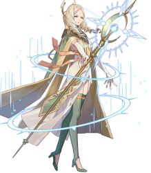 Rule 34 | 1girl, blonde hair, boots, cape, dress, emmeryn (fire emblem), female focus, fire emblem, fire emblem awakening, fire emblem heroes, full body, glowing, green footwear, high heel boots, high heels, highres, holding, holding staff, long dress, long hair, nintendo, official art, parted bangs, smile, solo, sparkle, staff, thigh boots, thighhighs, transparent background
