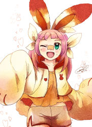 Rule 34 | 1girl, animal ears, appleko, bandage on face, bandages, bandaid, bandaid on face, bandaid on nose, blouse, blunt bangs, cowboy shot, creatures (company), crossover, eyebrows, game freak, gen 8 pokemon, green eyes, heart, highres, hood, hoodie, inazuma eleven, inazuma eleven (series), inazuma eleven ares no tenbin, looking at viewer, loose clothes, loose shirt, miniskirt, nintendo, one eye closed, open mouth, orange shirt, pink hair, pokemon, pokemon swsh, rabbit ears, rabbit tail, scorbunny, shirt, short hair, short shorts, shorts, simple background, skirt, smile, tagme, tail, white background
