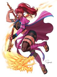 Rule 34 | 1girl, belt, dragon, dress, earrings, highres, jewelry, killer instinct, kim wu, looking to the side, martial arts, nunchaku, pink dress, ponytail, red hair, superbull, thick thighs, thighs, weapon