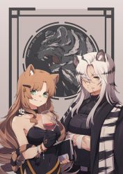 Rule 34 | 2girls, alcohol, animal ears, arknights, bell, black choker, black coat, black dress, black hair, black shirt, book, bottle, bracelet, breasts, brown hair, chinese zodiac, choker, cleavage, closed mouth, coat, coat on shoulders, crossed arms, cup, dress, drill hair, drinking glass, eyes visible through hair, green eyes, hair bell, hair ornament, hair over one eye, hairclip, happy new year, highres, holding, holding book, holding cup, if f, indra (arknights), jewelry, long hair, looking at viewer, medium breasts, mini person, miniboy, mountain (arknights), multicolored hair, multiple girls, new year, on shoulder, open clothes, open coat, parted bangs, scar, scar on face, shirt, silver hair, smile, strapless, strapless dress, swire (arknights), tail, tiger, tiger ears, tiger girl, tiger tail, two-tone hair, upper body, very long hair, wine, wine bottle, year of the tiger, yellow eyes