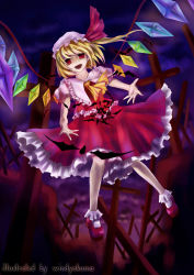 Rule 34 | 1girl, absurdres, bad id, bad pixiv id, blonde hair, bobby socks, cross, empty eyes, fangs, female focus, flandre scarlet, floating, hat, highres, open mouth, outstretched arms, outstretched hand, ponytail, red eyes, short hair, side ponytail, smile, socks, solo, touhou, windyakuma, wings