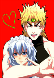 Rule 34 | 1boy, 1girl, blonde hair, crossover, dio brando, fangs, father and daughter, heart, height difference, hetero, honchu, izayoi sakuya, jojo no kimyou na bouken, m.u.g.e.n, maid, power connection, red background, silver hair, touhou, vampire