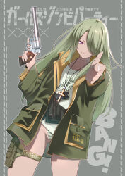 Rule 34 | 1girl, absurdres, breasts, closed mouth, commentary request, cross, dark skin, dutch angle, fingernails, green background, green hair, green jacket, gun, hair over eyes, handgun, highres, holding, holding weapon, holster, jacket, kojima takeshi, long hair, long sleeves, looking at viewer, original, pointing, purple eyes, shirt, simple background, solo, standing, tan, thigh holster, weapon, white shirt