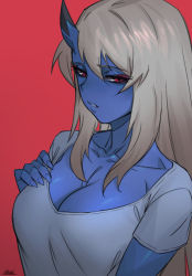 Rule 34 | 1girl, blue oni, blue skin, breasts, cleavage, colored skin, eyeshadow, grey hair, hand up, horns, kimiko (zakusi), large breasts, long hair, looking at viewer, makeup, oni, original, parted lips, red background, red eyes, shirt, short sleeves, simple background, single horn, solo, upper body, white shirt, zakusi