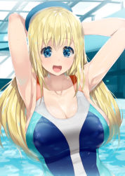 Rule 34 | 10s, 1girl, armpits, arms behind head, arms up, atago (kancolle), beret, blonde hair, blue eyes, blue hat, breasts, cleavage, collarbone, commentary request, competition swimsuit, covered erect nipples, hair between eyes, hat, highres, indoors, kantai collection, kusaka souji, large breasts, long hair, looking at viewer, one-piece swimsuit, open mouth, pool, shiny clothes, sideboob, solo, swimsuit, upper body, water, wet