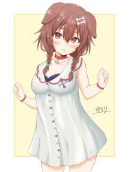 Rule 34 | 1girl, animal ears, blush, bone hair ornament, border, braid, brown eyes, brown hair, closed mouth, collarbone, commentary request, dog ears, dog girl, dog tail, dress, extra ears, hair between eyes, hair ornament, hair over shoulder, hairclip, highres, hololive, inugami korone, inugami korone (1st costume), long hair, looking at viewer, low twin braids, pilolimaru, side braids, sidelocks, sleeveless, sleeveless dress, smile, solo, tail, twin braids, virtual youtuber, white border, white dress
