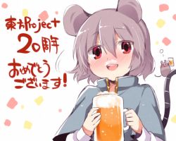 Rule 34 | 1girl, akagashi hagane, alcohol, animal ears, beer, beer mug, blush, capelet, copyright name, cup, drunk, foam mustache, full-face blush, grey hair, long sleeves, looking at viewer, mouse (animal), mouse ears, mouse tail, mug, nazrin, open mouth, red eyes, short hair, smile, solo, tail, text focus, touhou, turtleneck, upper body, white background