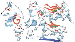 Rule 34 | amaterasu (ookami), animal, apticho, animal crossing, fire, highres, meme, multiple views, nintendo, no humans, ookami (game), reflector (ookami), simple background, weapon, white background, white wolf, wolf