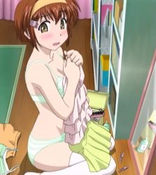 Rule 34 | 1girl, anime screenshot, arisaka kazuki, blush, bra, breasts, brown eyes, brown hair, cleavage, clothes in front, covering privates, embarrassed, green bra, green panties, hair ornament, hairband, hairclip, interior, lingerie, mirror, open mouth, panties, screencap, short hair, sitting, solo, striped bra, striped clothes, striped panties, thighhighs, tona-gura!, underwear, underwear only, undressing