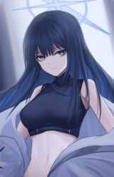 Rule 34 | 1girl, bare shoulders, black shirt, blue archive, blue eyes, blue hair, breasts, commentary, crop top, large breasts, long hair, looking at viewer, midriff, navel, no headwear, off shoulder, saori (blue archive), shirt, sleeveless, sleeveless shirt, solo, stomach, upper body, very long hair, wrightia