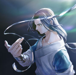 Rule 34 | 1boy, black hair, blue eyes, chinese clothes, hand up, highres, lens flare, long hair, looking at viewer, low-tied long hair, micho, profile, short sleeves, solo, luo xiaohei zhanji, upper body, wuxian (the legend of luoxiaohei)