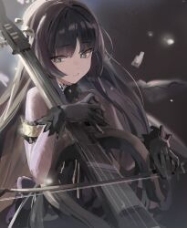 Rule 34 | 1girl, absurdres, ambience synesthesia, arknights, armlet, black dress, black gloves, black hair, bow (music), bright pupils, commentary request, dark background, dress, gloves, grey eyes, highres, holding, holding bow (music), instrument, long hair, looking at viewer, mole, mole under eye, music, playing instrument, rang go, simple background, solo, upper body, violin, virtuosa (arknights)