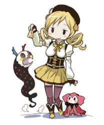 Rule 34 | 10s, 1girl, blonde hair, blush, charlotte (madoka magica), cheese, corset, detached sleeves, drill hair, fingerless gloves, food, gloves, hair ornament, hat, imo works, long sleeves, looking at viewer, lowres, mahou shoujo madoka magica, mahou shoujo madoka magica (anime), monster, open mouth, simple background, skirt, smile, smoke, standing, striped clothes, striped thighhighs, thighhighs, tomoe mami, twintails, underbust, vertical-striped clothes, vertical-striped thighhighs, white background, zettai ryouiki