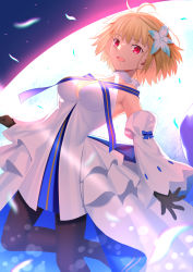 Rule 34 | 1girl, absurdres, archetype earth, arcueid brunestud, bare shoulders, black gloves, blonde hair, blue skirt, blush, breasts, brown pantyhose, cleavage, detached sleeves, dress, fate/grand order, fate (series), flower, full moon, gloves, hair flower, hair ornament, highres, large breasts, long skirt, looking at viewer, mishiro (ixtlolton), moon, multicolored clothes, multicolored skirt, night, night sky, open mouth, pantyhose, red eyes, revision, short hair, skirt, sky, smile, thighs, tsukihime, white dress, white skirt