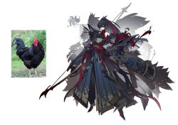 Rule 34 | 1girl, absurdres, arrow (projectile), bird, black hair, bow (weapon), chicken, comparison, highres, holding, holding bow (weapon), holding weapon, humanization, japanese clothes, long hair, multicolored hair, original, pale skin, personification, photo inset, quiver, real life, red eyes, red hair, reference inset, rooster, sarashi, shiba (s hi ba ), two-tone hair, weapon